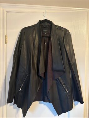 Dynamite Black Faux-Leather Draped Open-Front Jacket